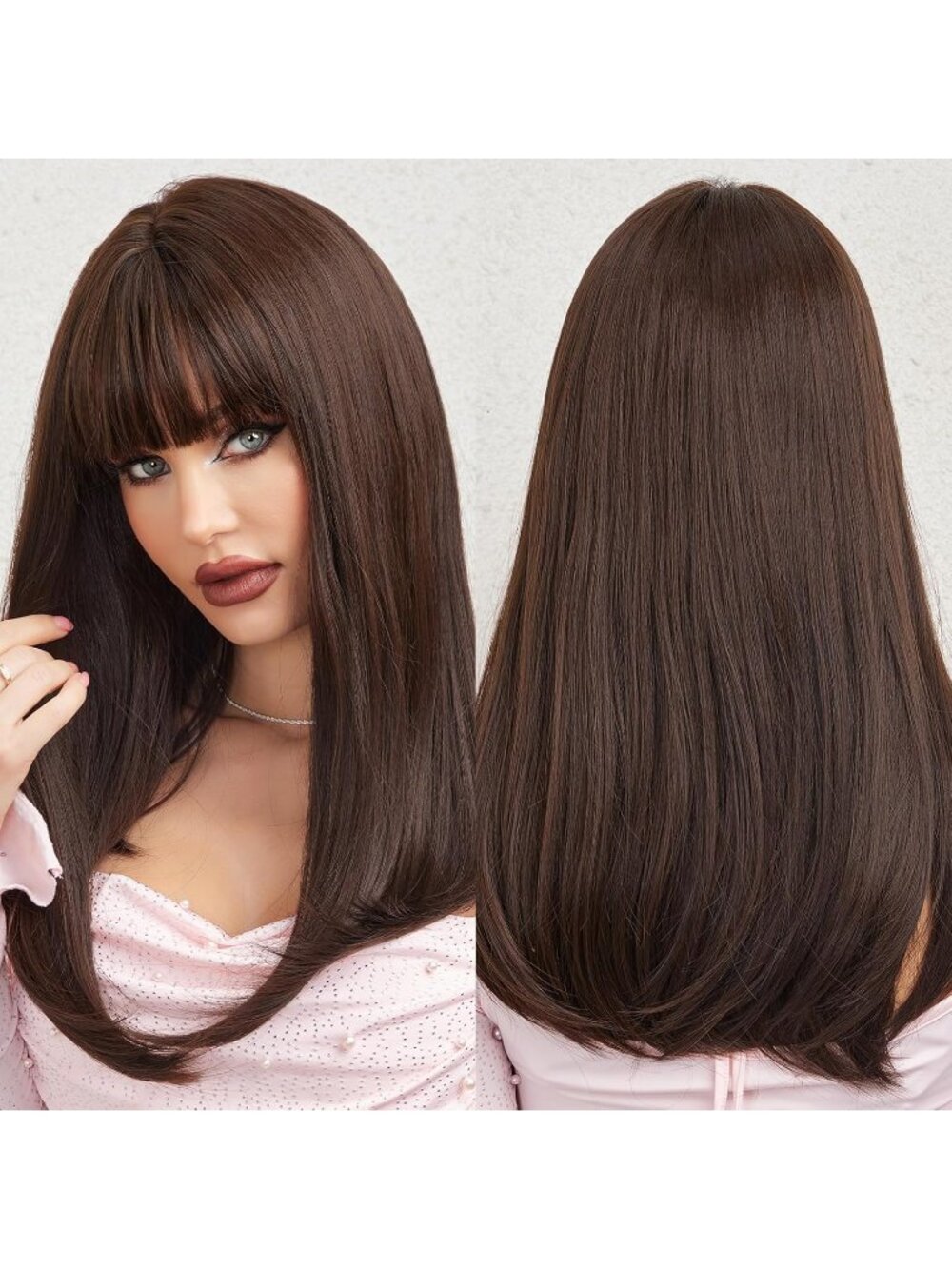 Women's Dark Brown Heat Resistant Long Curly Wavy Synthetic Wig Bangs Size 26In